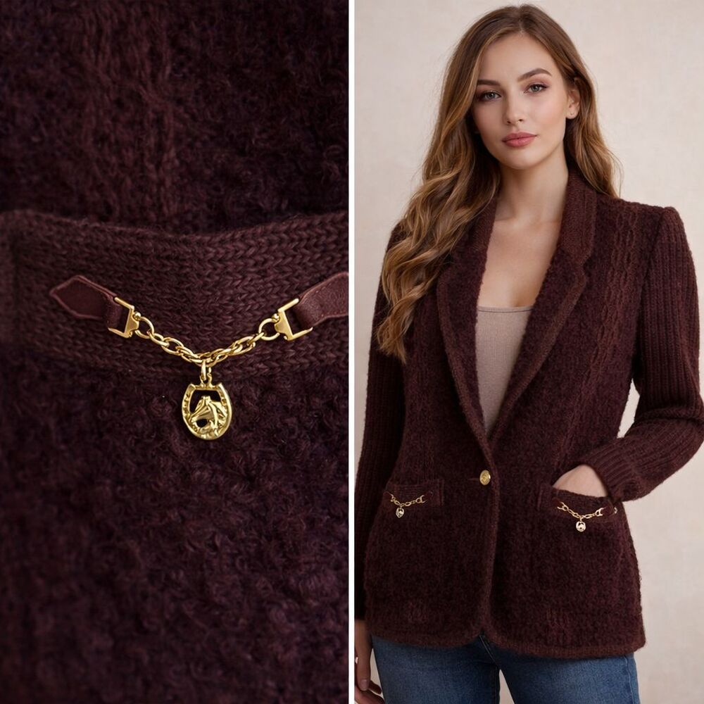 VTG 90s Equestrian Lambswool Boucle Cable Knit Blazer Womens Sz M Horse Western